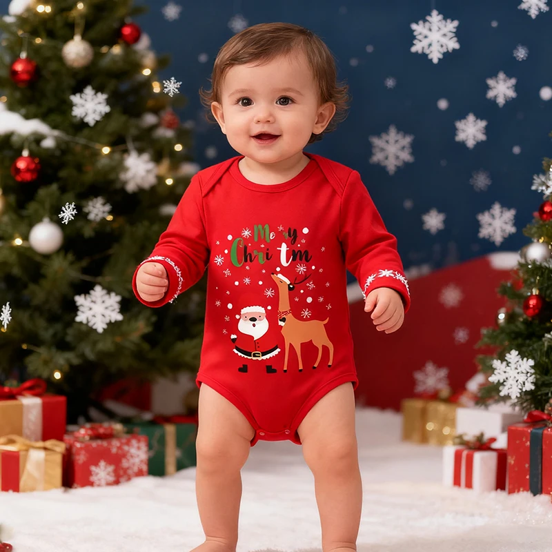 2025 New Christmas Costume New Year 0-24M Toddler Baby Boys Girl Romper Cotton Cartoon Print Newborn Boys Girls Jumpsuit