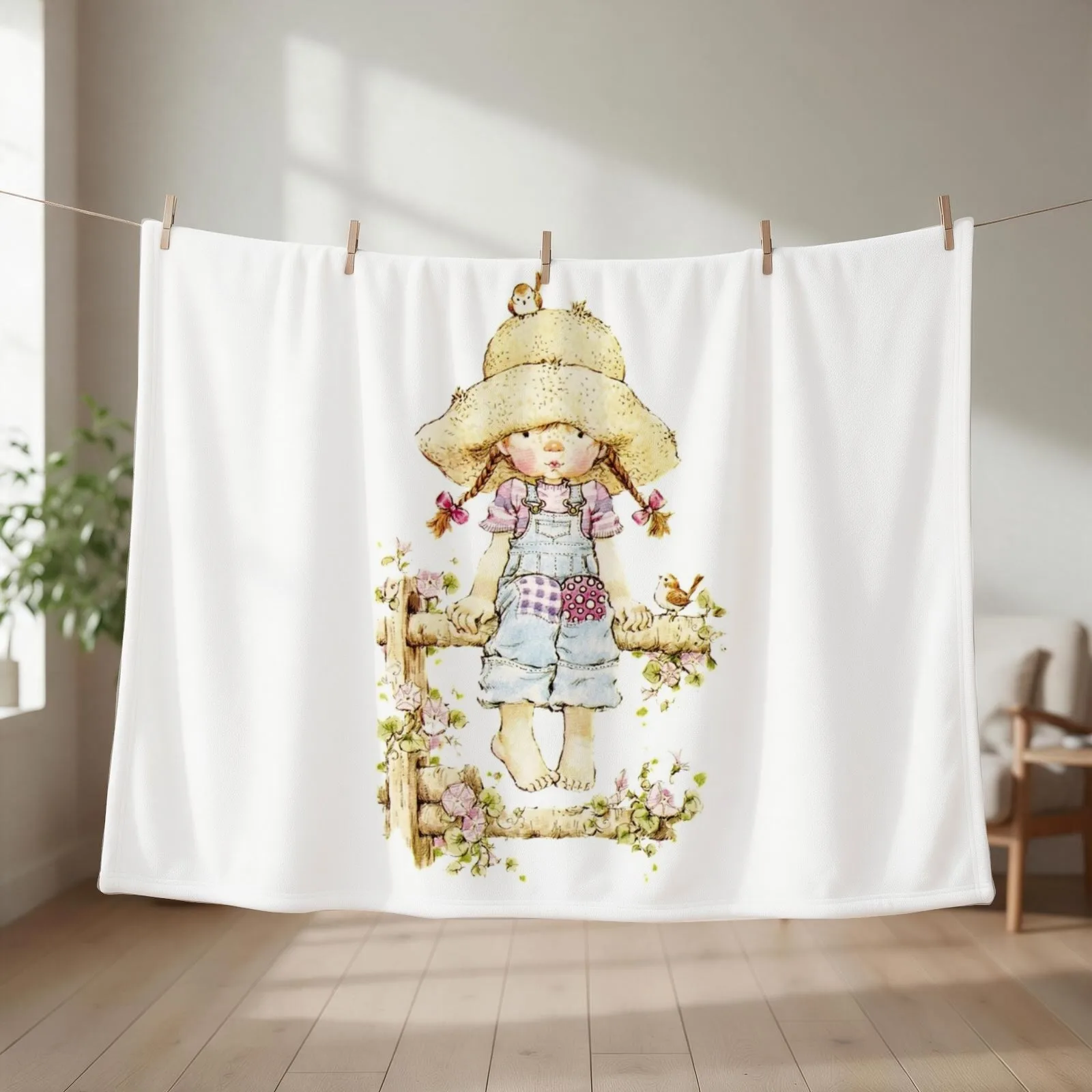 Sarah Kay - Girl sitting on a fence with birds Throw Blanket couch cozy soft plush fuzzy picnic outdoor blanket