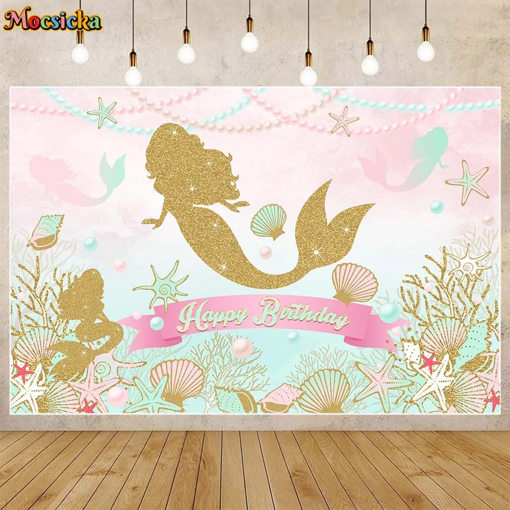 

Mocsicka Gold Mermaid Princess Girl Birthday Backdrop for Photography Newborn Baby Shower Party Photo Background Undersea Shells