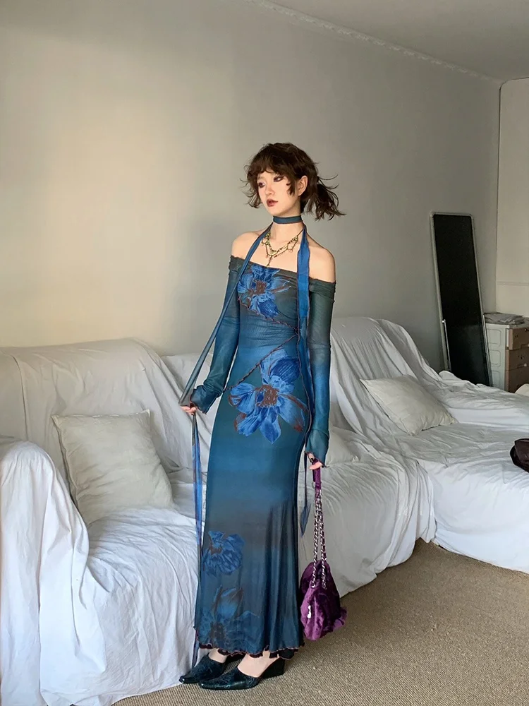 

Весенне-осеннее платье в китайском стиле с одним открытым плечом, приталенное, с длинным рукавом, сетчатое, с синим цветочным принтом, длинная юбка для женщин