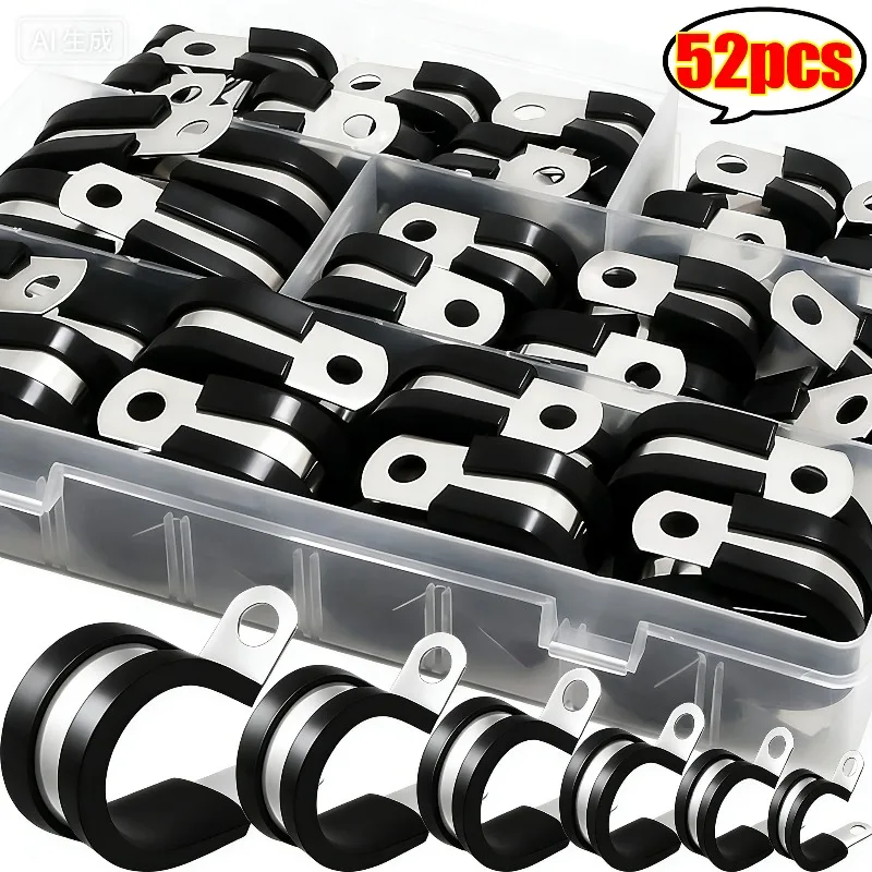 

52 шт./кор. P-образные зажимы из нержавеющей стали с резиновой подкладкой, R-образные хомуты для труб, монтажная труба, зажим для шланга, фиксированные крепежные детали, монтажный кронштейн