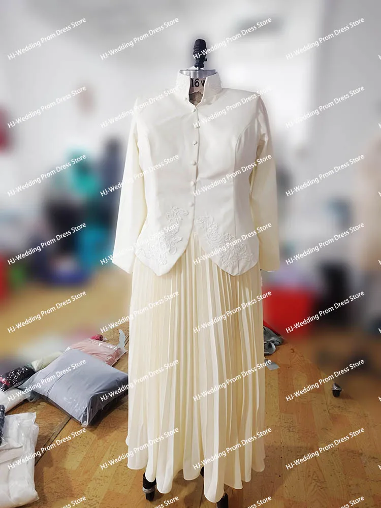 Robe de Soirée en Crêpe Noble avec lèvent, Manches sulf, Veste Plissée, Ligne A, Tenue Formelle de Mariage, 2 Pièces, 2024