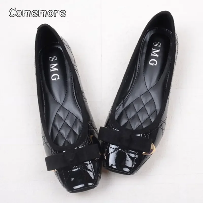 Comemore Leather Women Solid Ballerina Flats Plus Size 35-41 Office Shoes Ladies Black Espadrilles Square Toe Bow-knot Moccasins