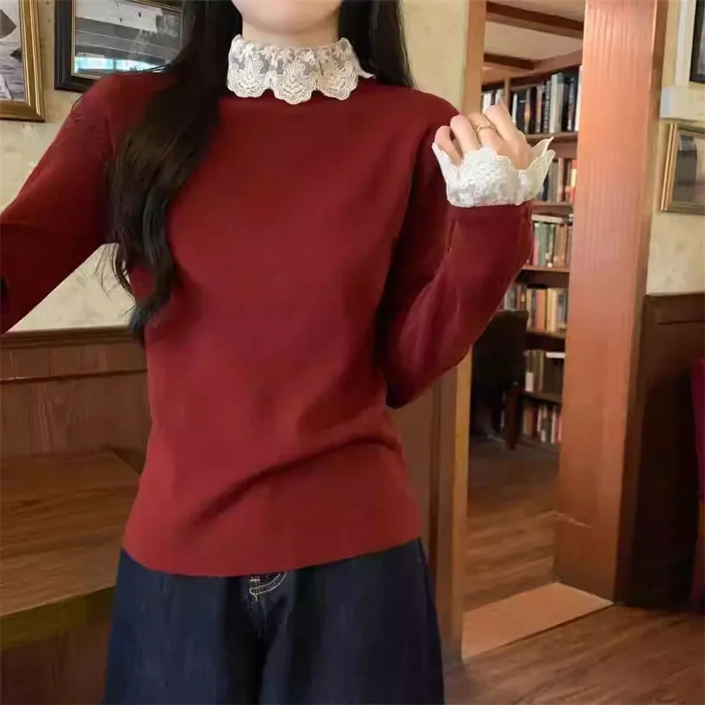 

Новый осенне-зимний вязаный топ с кружевной строчкой и длинными рукавами, тонкий свитер с высоким воротником