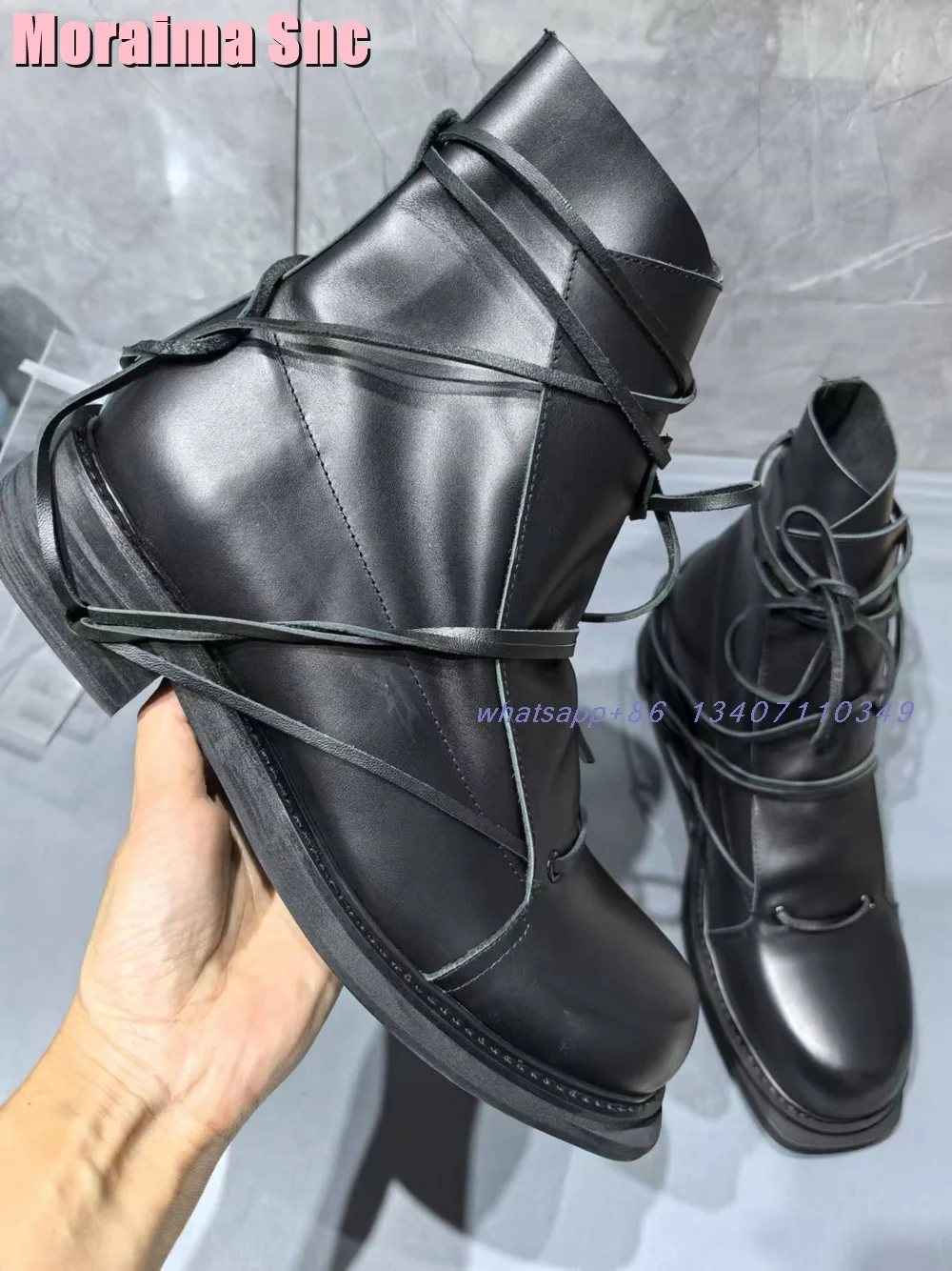 Genuine Leather Round Toe Ankle Boots Cross Strap Lace-up Hollow Block Heeled Black Solid Fashion Men's Short Boots Outdoor New