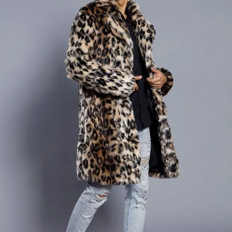 Luxury Men's Leopard Print Suit Overcoat Mid-length Rabbit Fur Winter Warm Thicken Faux Fur Coat Men Mens Fur Trench Coat New