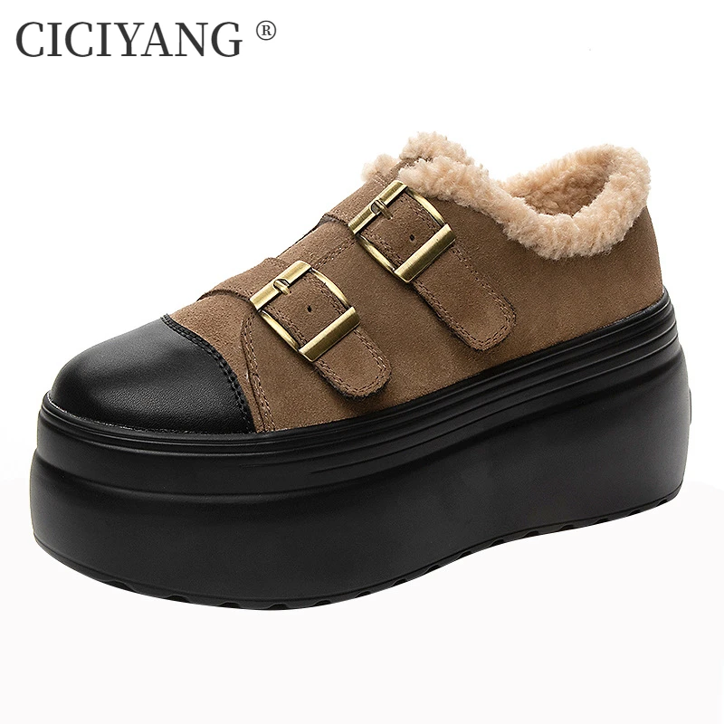 

CICIYANG Plush Shoes for Women Suede Cowhide 2024 Winter New Thick-soled Warm Loafers Women Shoes Belt Buckle Trendy Ladies