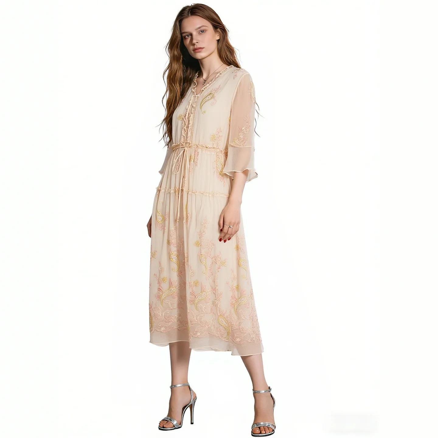

Light Pink Summer Casual Dress – Elegant Embroidered Midi Dress for Daily & Vacation