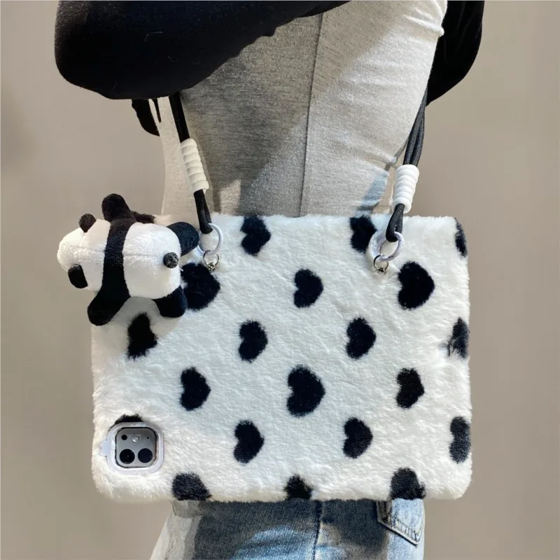 Cute 3D Panda Plush Furry with Lanyard Tablet Case for Samsung Galaxy A7Lite T220/T225/T227 A9 Tab A11 8.7inch Shockproof Cover