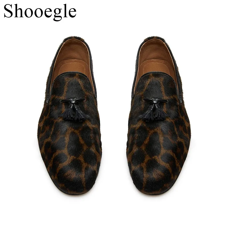 Tassels Leopard-print Low-heel Animal Print Pattern Loafers Foot Groove Design Party Wedding Office Casual Shoes Men