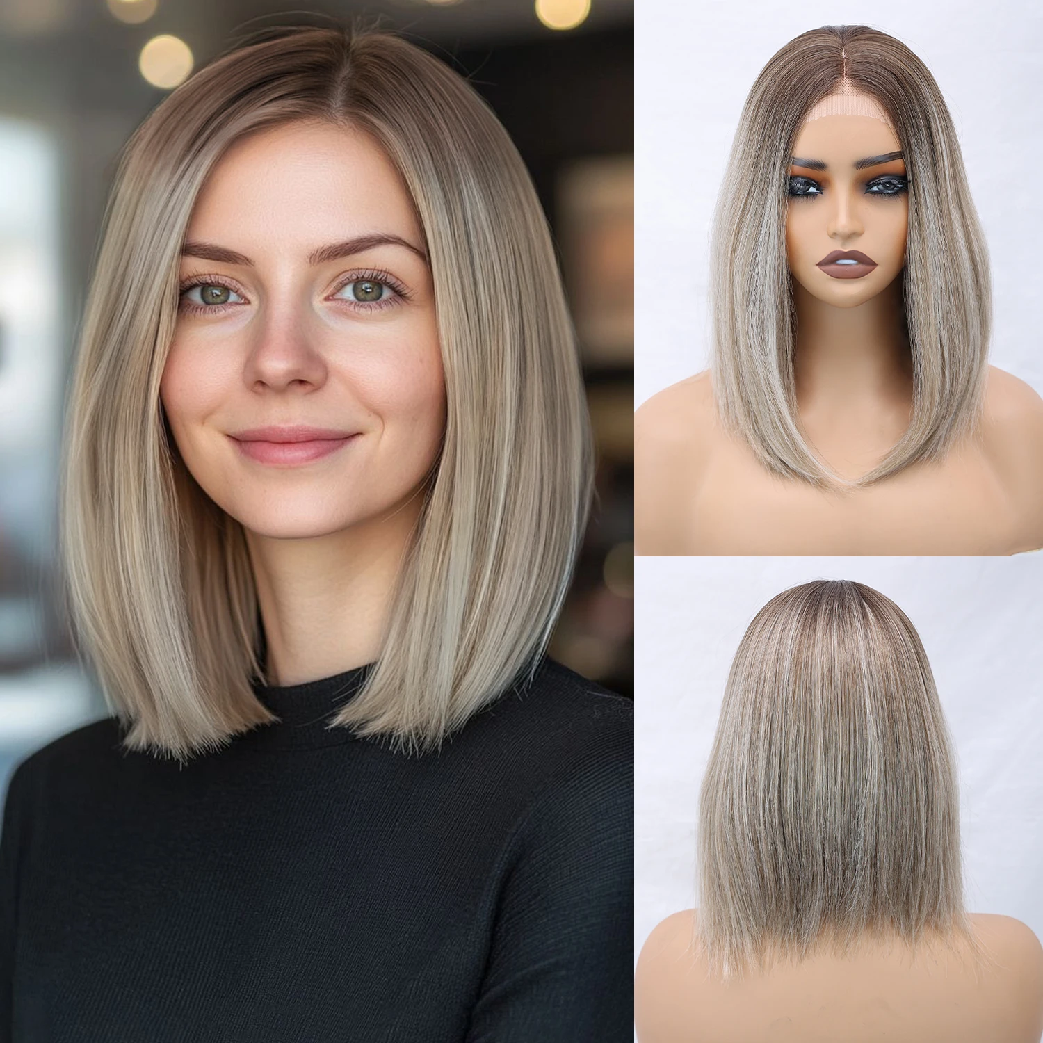 

Синтетический парик-боб цвета пепельного блонда, 13x4 HD, с кружевной передней частью, 14 дюймов, короткий, прямой, с темными корнями, без клея, для женщин, для повседневного использования