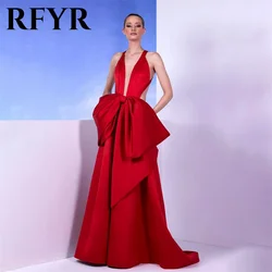 RFYR Red Stain Prom Dress Sleeveless V-Neck Party Dresses A Line Bow Celebrity Gowns Backless Wedding Party Dress فساتين سهرة