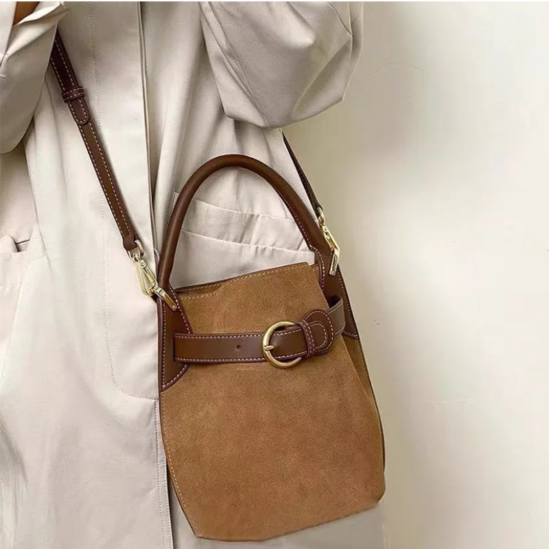 

Retro Suede Luxury Handbag Belt Design Niche High-end Bucket Bag New Brand Fashion Versatile Shoulder Crossbody Women's Purse