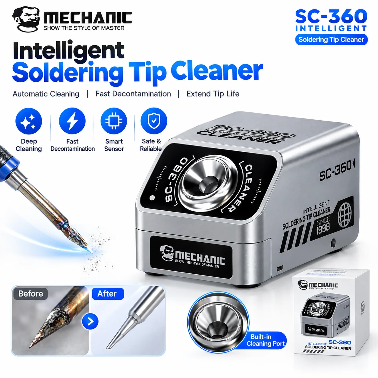 MECHANIC SC360 Automatic Soldering Iron Tip Cleaner Intelligent Induction for C210/115/245/T12 Welding Tip Cleaning Machine Tool