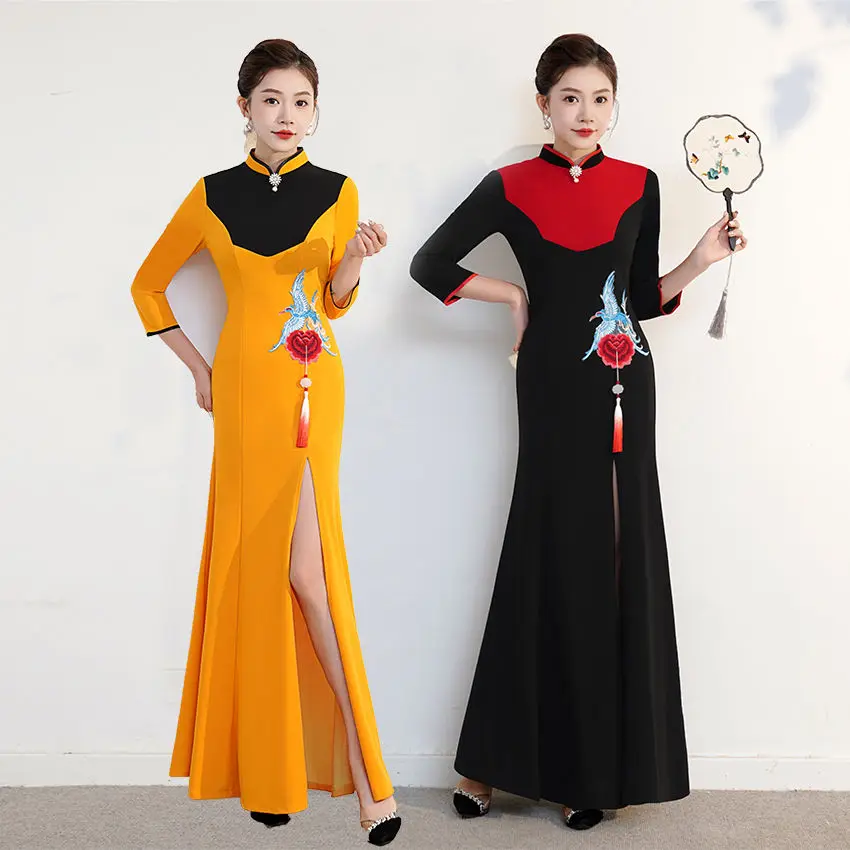 

Chinese Stage Performance Long Elegant Young Thin Slit Chinese Cheongsam Dress Lady Elegant Party Show Cheongsam Daily Dress