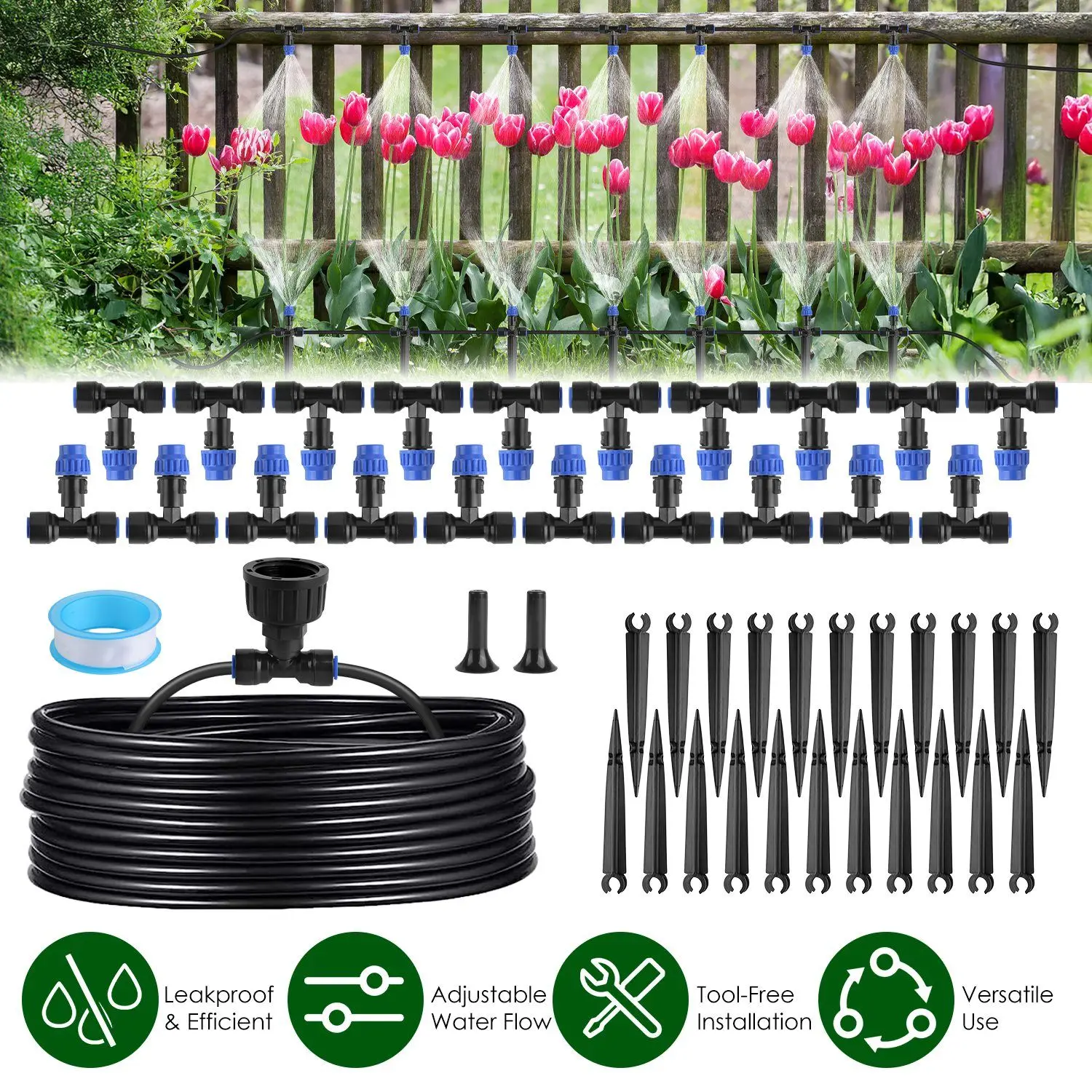 75FT Mist Drip Irrigation System with Adjustable Misting Nozzle Quick Connect Automatic Garden Watering System for Garden Lawn P