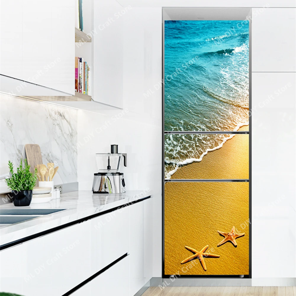 Beach Ocean Iceberg Refrigerator Sticker Full Film Landscape Removable Renovation Freezer Door Cover Stickers Kitchen Scenery