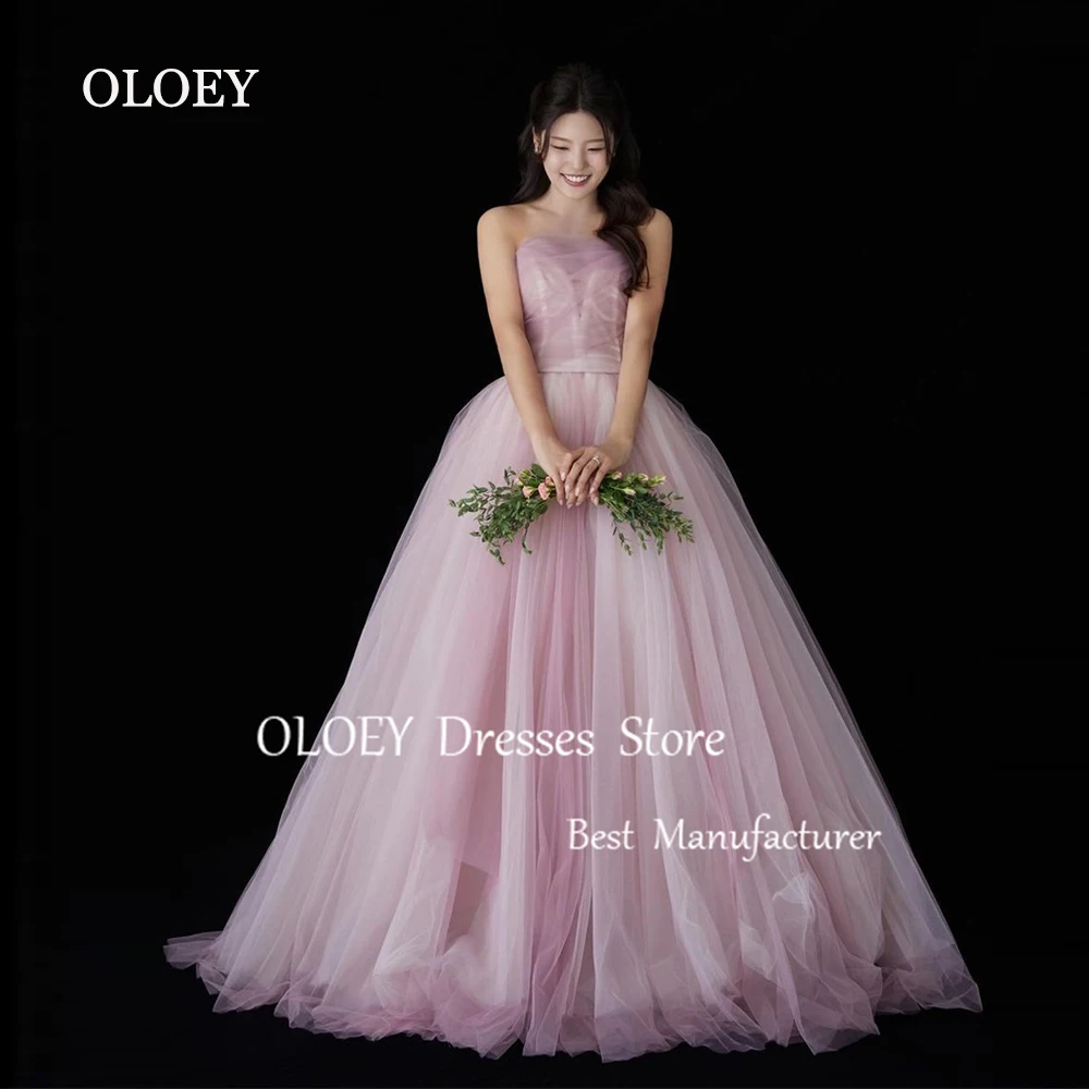 OLOEY Fairy Pink Strapless Korea Wedding Dress Women Photoshoot Strapless Soft Tulle A Line Prom Dress Sleeveless Formal Gown