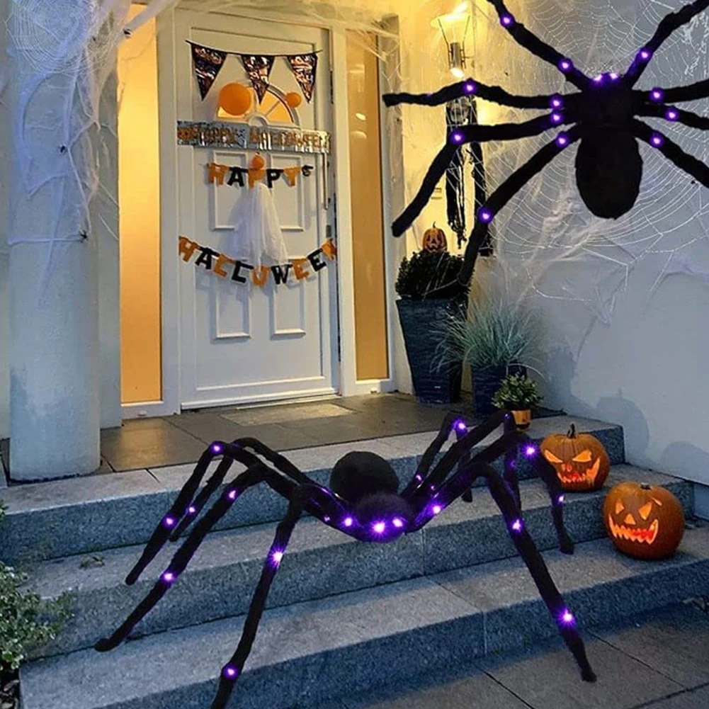 

125cm Halloween Decor Giant Super Big Plush Spider With Light Up Eyes Black Spiders Simulated Toy Prank Porch Home Decoration