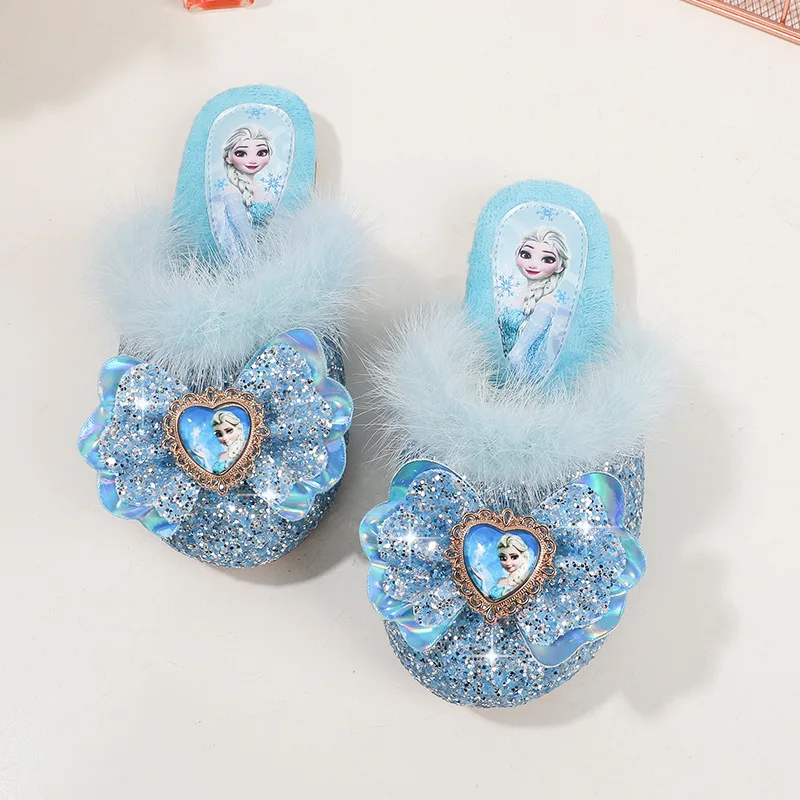 Children's Winter Fluffy Mop Fashion Girl Princess Elsa Fashion Home Flat Heeled Shoes Elsa Slipper For Kids Girl Shoes Disney