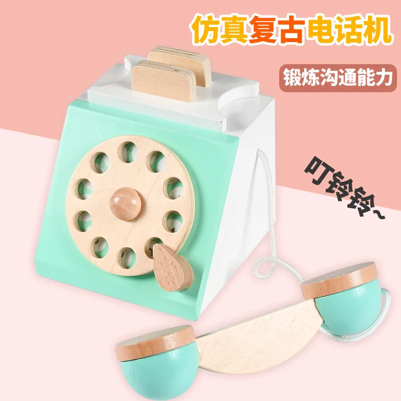 

Wooden simulation antique turntable telephone for children playing house, parent-child interactive fun toy for boys and girls