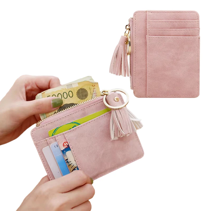 Women Mini Tassel Card Holder Sweet Pink Coin Purse Matt Leather Zipper Coins Wallet Lady Female Small Money Change Bag Pouch