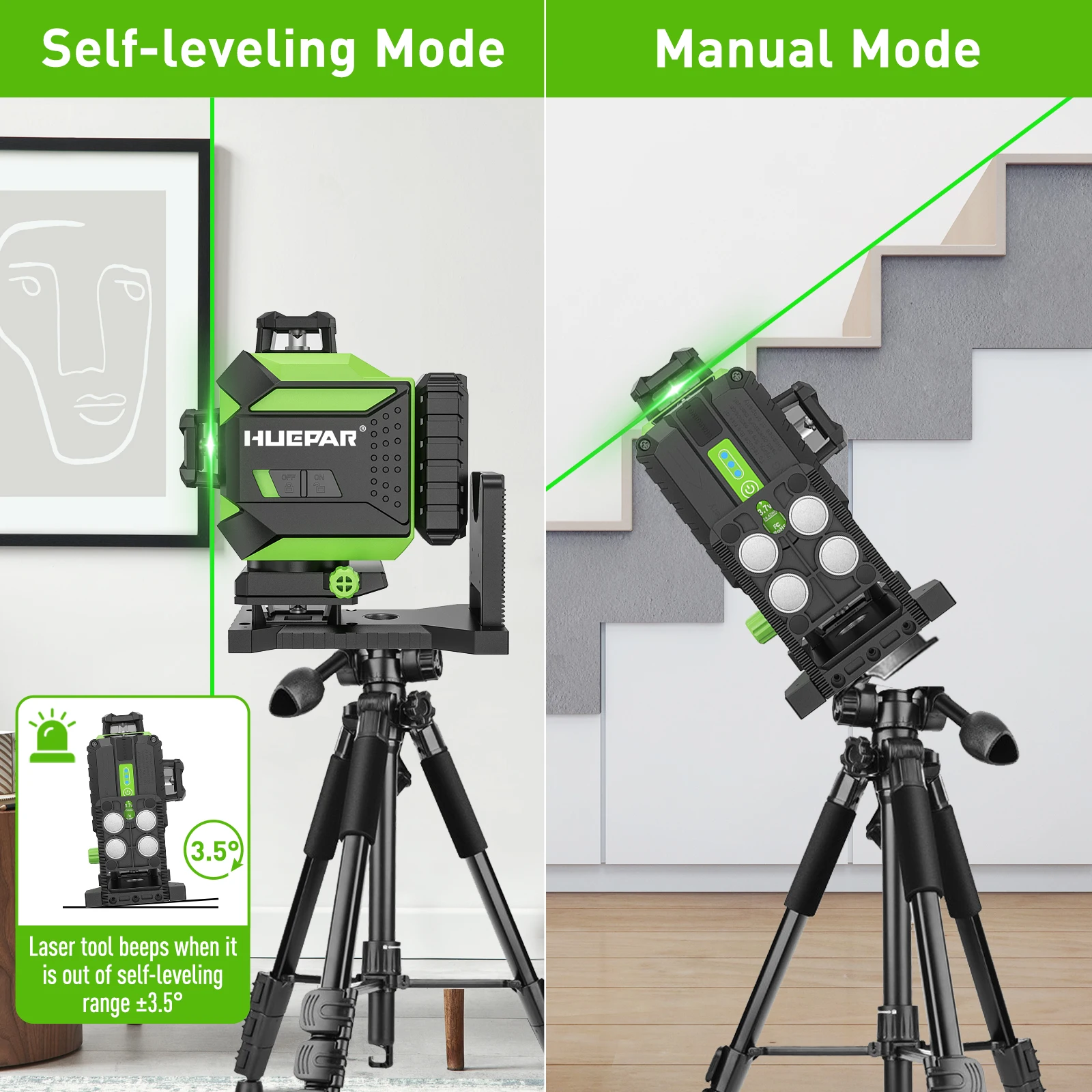 Huepar 704CG Alat Laser 16 Garis 4D Digital 360 Tingkat Laser Sinar Hijau Berputar Meratakan Sendiri