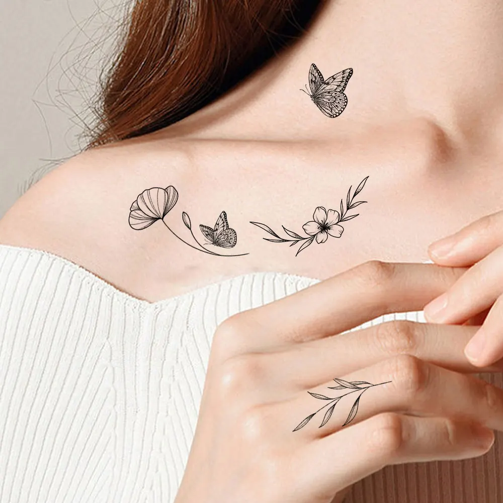 검은 꽃 손 문신 나비 달 별 임시 문신, 손가락 가슴 하트 잎, 귀여운 가짜 방수 문신, 10 개