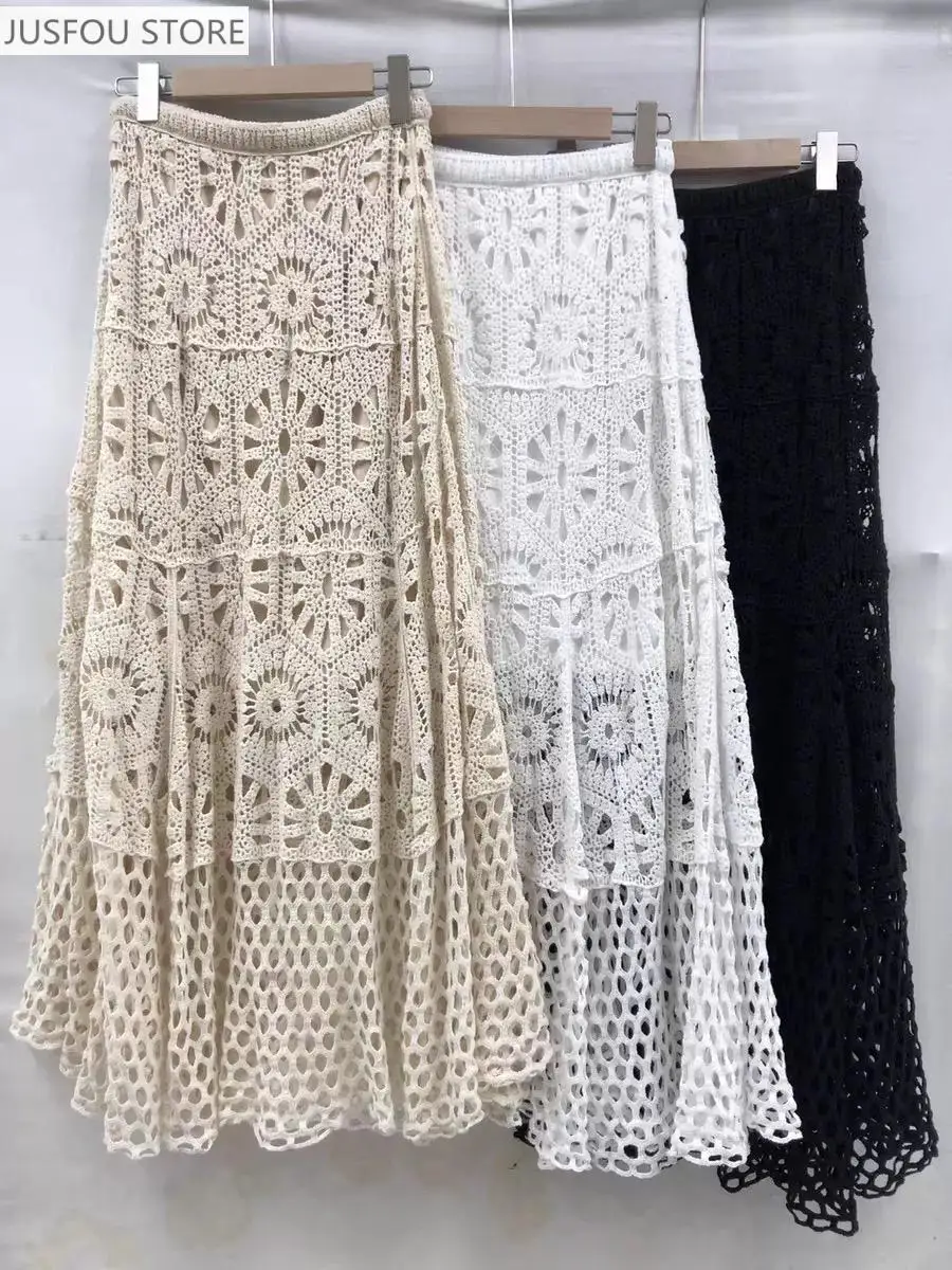 여성용 면 플로럴 크로셰 뜨개질 레이스 스커트 빈티지 홀로우 아웃 엘라스틱 웨이스트 롱 보헤미안 비치 팔다 여름 휴가용