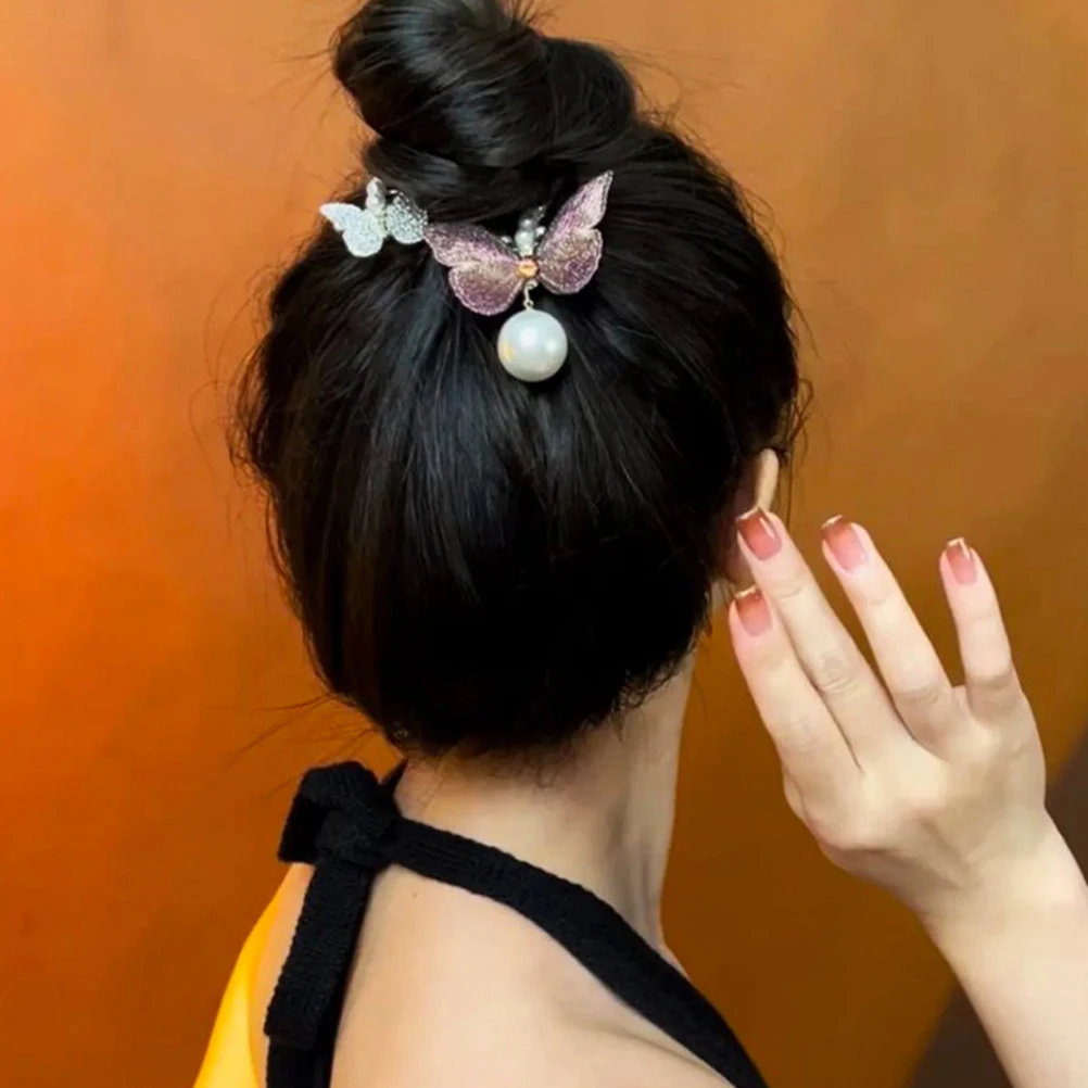 

2Pcs Butterflies Pearl Rhinestone Hair Bun Holders Comfortable Ponytail Holder Durable Hair Clips Accessories Ponytail Cuff