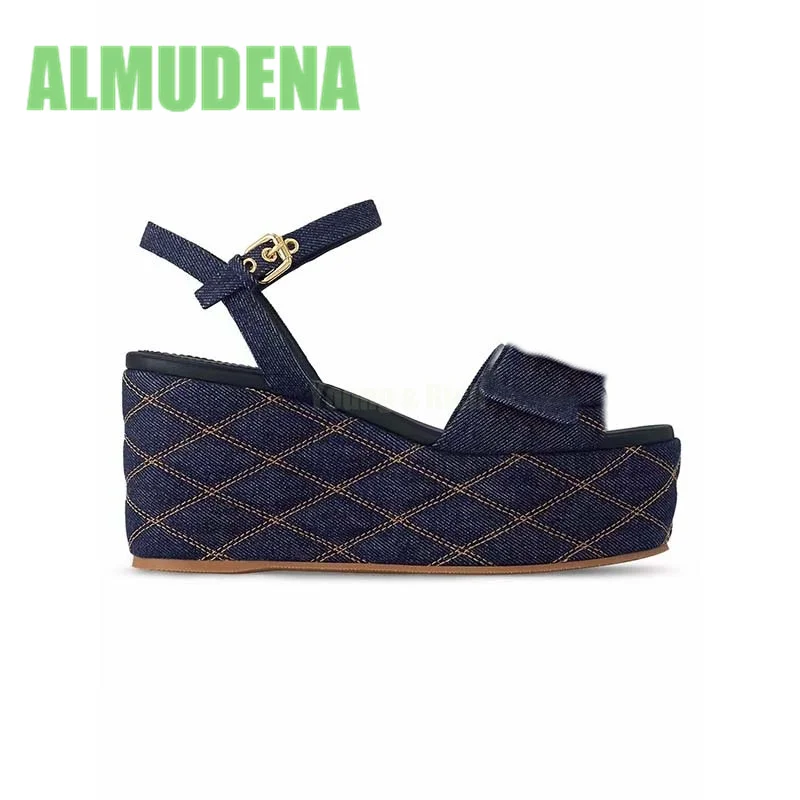 

Slope Heel Thick Bottom Waterproof Platform Square Head Buckle Strap Sandals Fashionable Personalized New Sexy Blue Denim Fabric