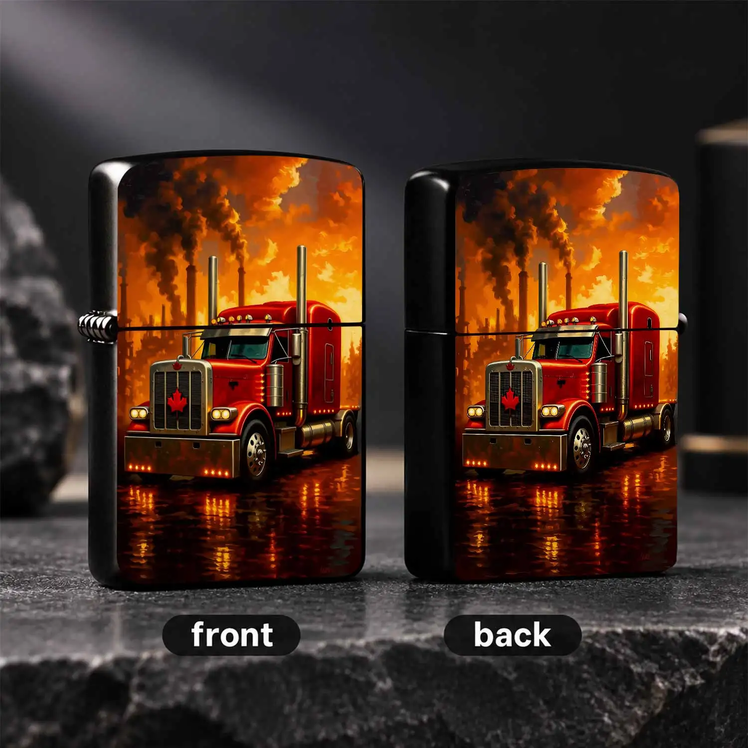 Creative Red Maple Semi Truck Themed Lighter, Industrial Sunset Refinery Scene Art Print, Portable Ignition Device for Daily Use, Suitable for Lighting Candles, Aromatherapy, Outdoor Camping, Home and Office Scenarios, E A Humorous And Inte