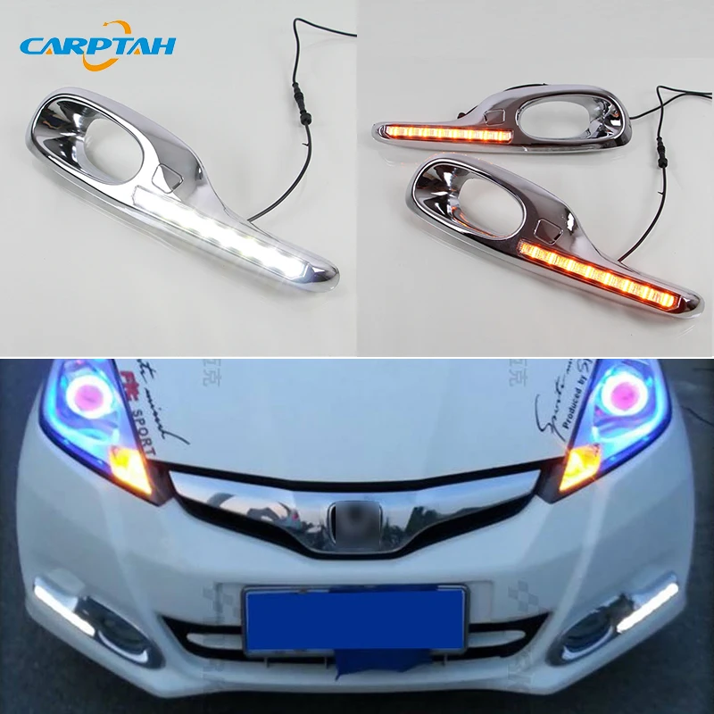 Car LED DRL 12V Daylight For Honda Jazz Fit 2011 2012 2013 Yellow Turn Signal Indicator Daytime Running Light Fog Lamp Headlight