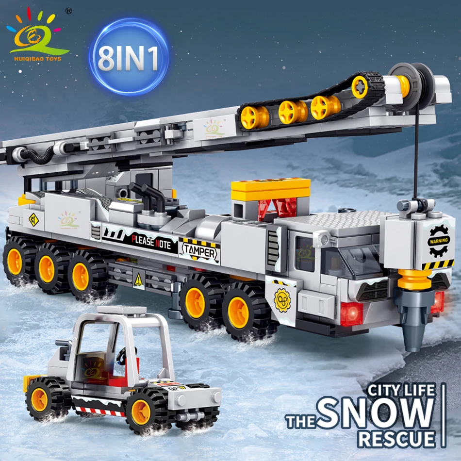 HUIQIBAO 8IN1 993PCS Snow Rescue Vehicle Building Blocks Crane Snowcrawler Wrecker Bricks City Construction Toy for Children Boy