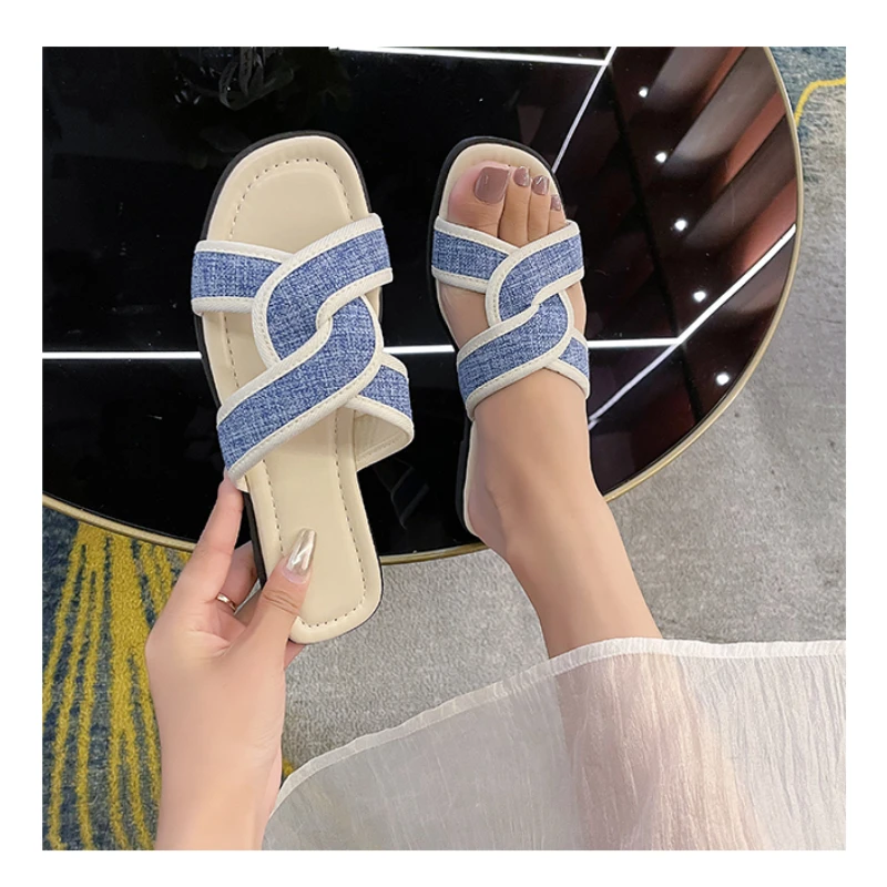 Summer Women\'s Retro Weaving Mixed Color Slippers Fashion Designer Zapatos Para Mujer Open Toe Flat with Comfy Sapato Feminino