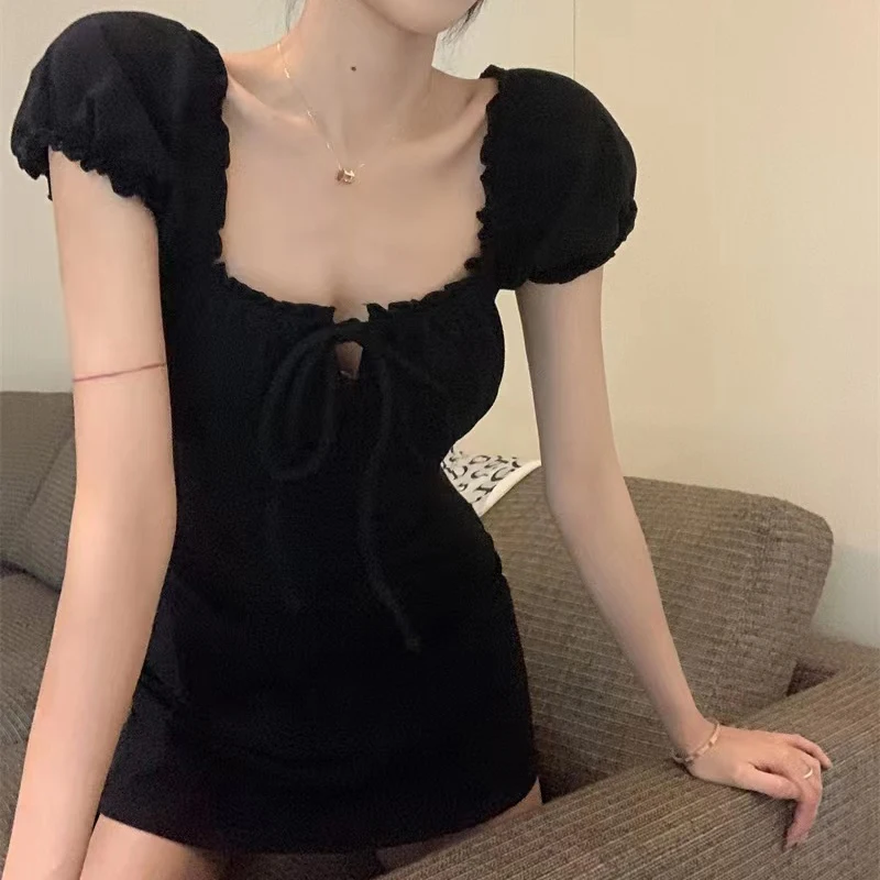 เดรสมินิคอสี่เหลี่ยมแขนพองวินเทจสำหรับผู้หญิงชุดสีดำเซ็กซี่หรูหรา