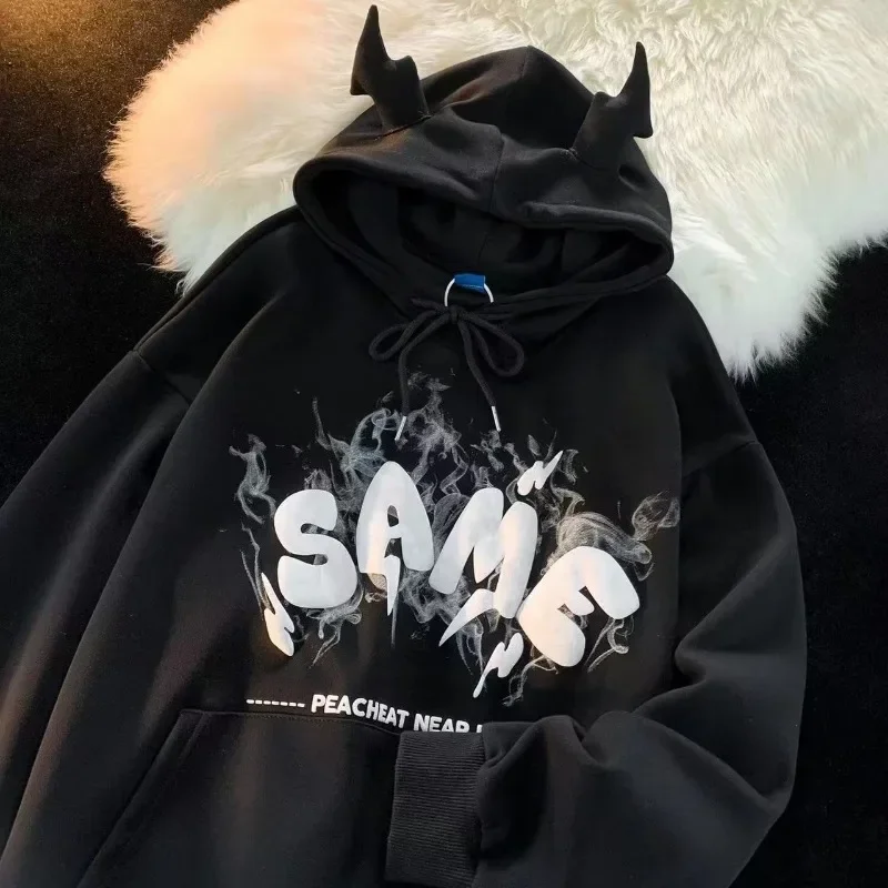 

Angel Ears Hoodies Sweatshirt Women Graffiti Monster Bubble Anime Long Sleeve Harajuku Goth Oversized Thick Demon Pullover Y2k