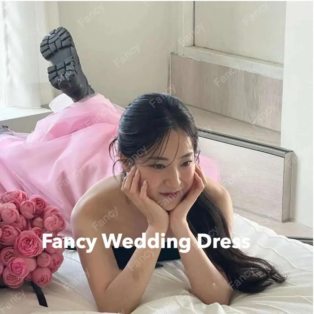 Fancy  Simple A Line Pink And Black Wedding Dresses Korea Photo shoot Strapless Corset Back Evening Party Gowns customized