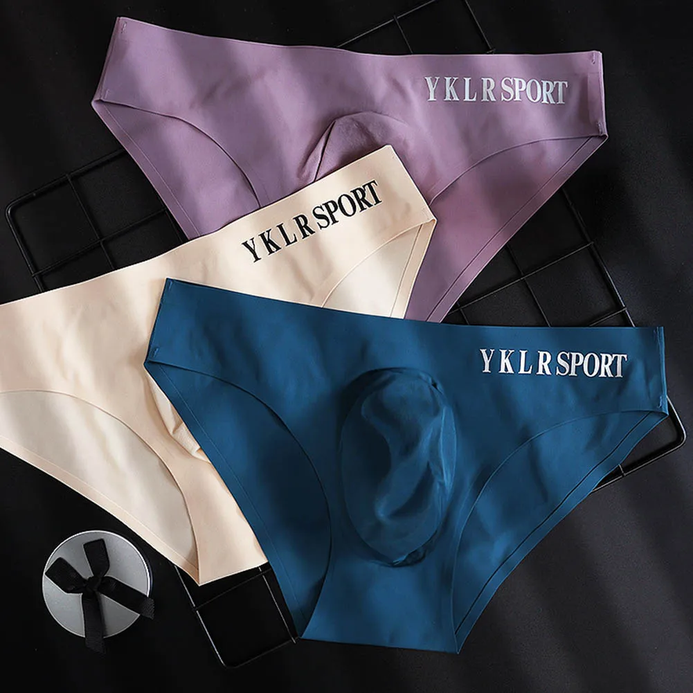 Men's Transparent Underwear Ice Silk Ball Pouch Panties Letter Seamless Ultra Thin Summer Breathable Low Waist Triangle Pants