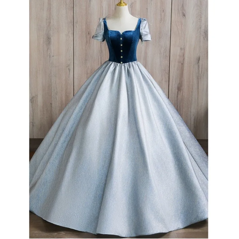 Blaue Prinzessin Quince anera Kleid mit kurzen Ärmeln einfache Vintage boden lange Abschluss kleider neue Satin elegante Ballkleider