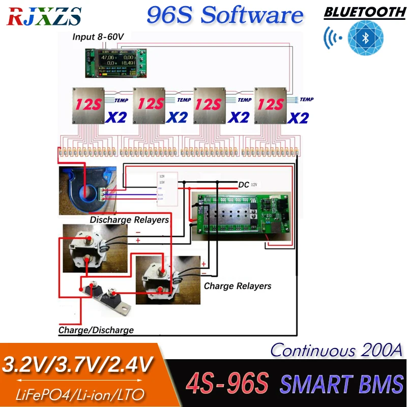 4S to 96S 200A/300A Relay DIY BMS With LCD For LTO /LiFePO4 /Li-ion Multiple Series Battery Compatible-Bluetooth App Monitor