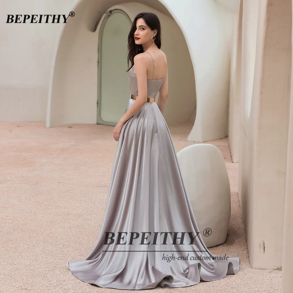 BEPEITHY Customized  A-Line Prom Dress High Slit With Sash Court Train V Neck Sexy Evening Dresses For Women 2023 Elegant Gowns