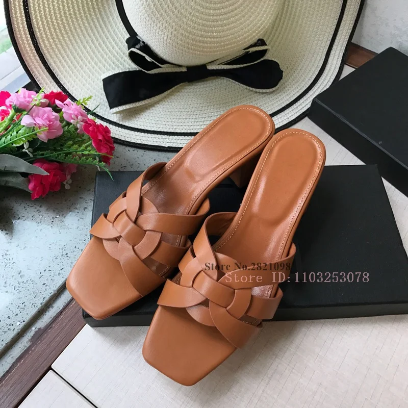 Mules trenzados de cuero genuino para mujer, zapatillas de tacón medio, tejido cruzado, suela de cuero