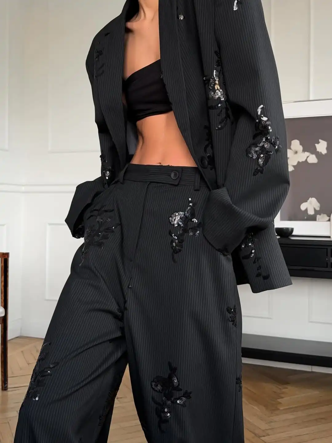 Fashion Sequinned Shirt Suit Women Elegant Lapel Long Sleeves Top Elastic Waist Pants 2Pcs Set 2026 Lady Street Spring Suits image 5