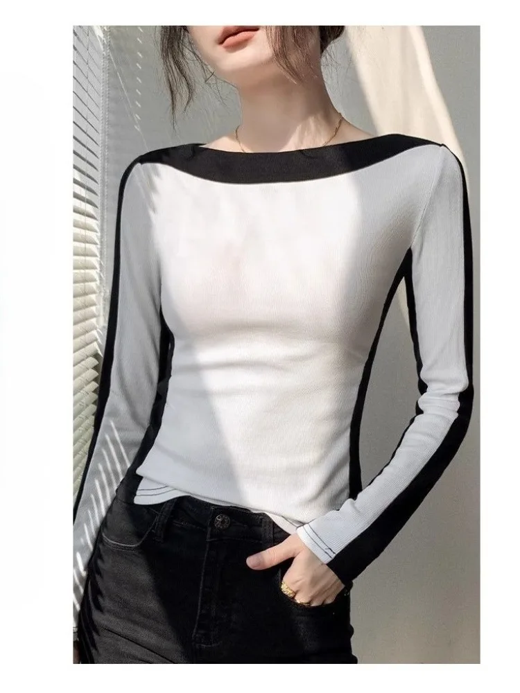 موضة بسيطة المرقعة كم طويل تي شيرت 2025 أوائل الخريف جديد لباس أبيض للنساء Y2k سليم صالح قاع تي شيرت