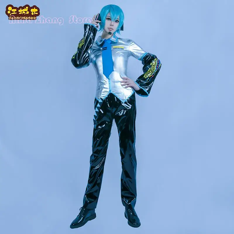 VOCALOID MiKUU 남성 코스프레 코스튬 VOCALOID COS 남성 코스프레, 특허 가죽 코스튬, 이어폰, 가발, 신발 선물 소품