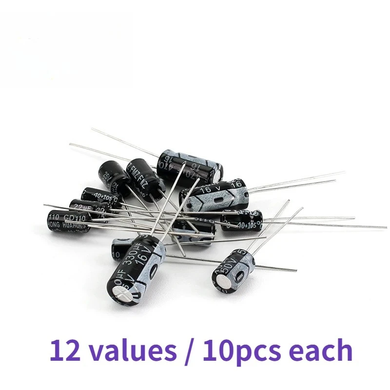 Kit de condensadores electrolíticos de aluminio, 120 Uds., 16V, 25V, 50V, 12 valores, 1uF ~ 470uF para paquete de componentes de condensadores electrónicos DIY