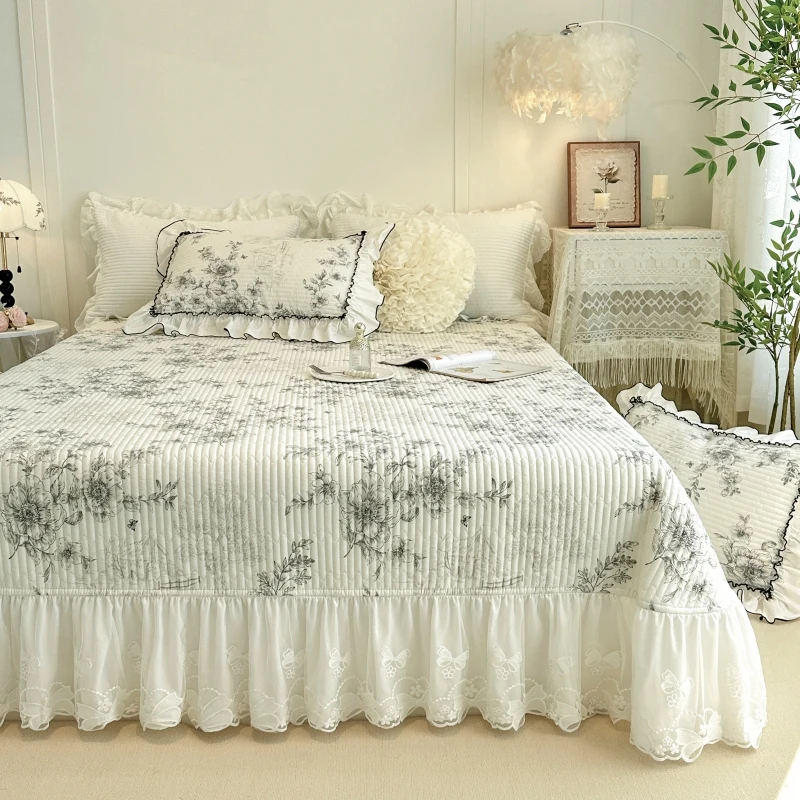 AIWINSURE-Pure Cotton Floral Bedspread, with Lace Ruffles, Queen Size, Quilted Bed Cover, with 2 Pillowcases, Breathable
