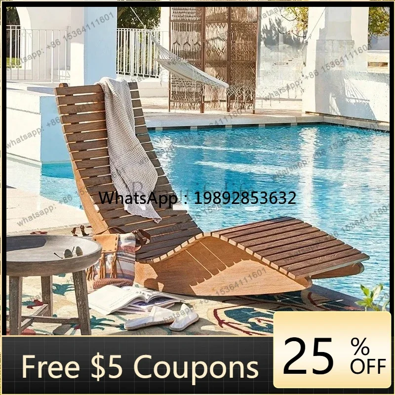 FF Outdoor Solid Wood Bed Hotel Garden Teak Lounger Pool Leisure Beach Chair Sunscreen Waterproof