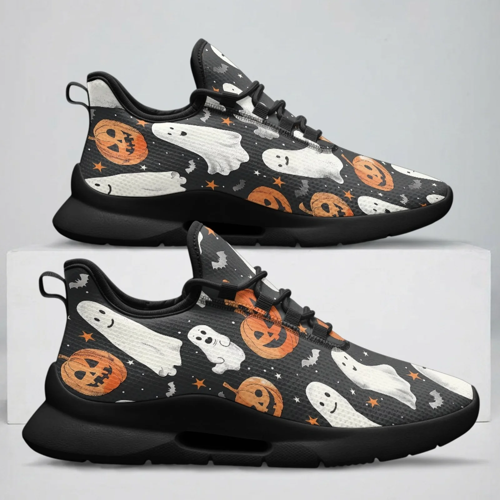 PENSTROLL Ghost Pumpkin Print Breathable Lace Up Shoes for Men Summer Mesh & EVA Men'S Athletic Shoes Walking Shoes